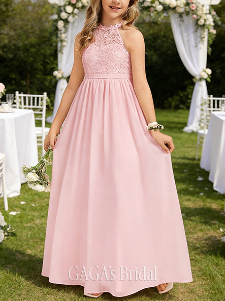 A-line Lacy Halter Floor-Length Chiffon Lace Junior Bridesmaid Dress