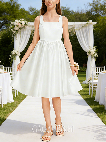 A-line Lovely Square Knee-Length Satin Junior Bridesmaid Dress With Bow