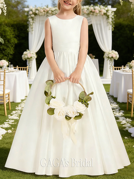 A-line Timeless Scoop Floor-Length Satin Flower Girl Dress With Bow