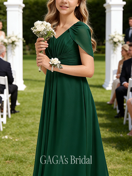 A-line Caped V-Neck Floor-Length Chiffon Junior Bridesmaid Dress With Cape