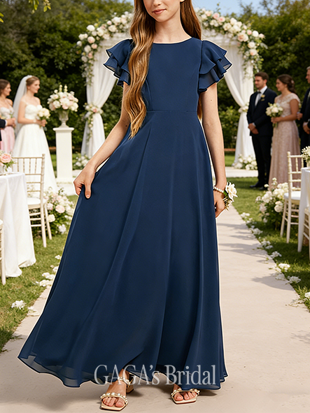 A-line Airy Scoop Floor-Length Chiffon Junior Bridesmaid Dress