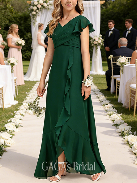A-line Stylish V-Neck Asymmetrical Chiffon Junior Bridesmaid Dress