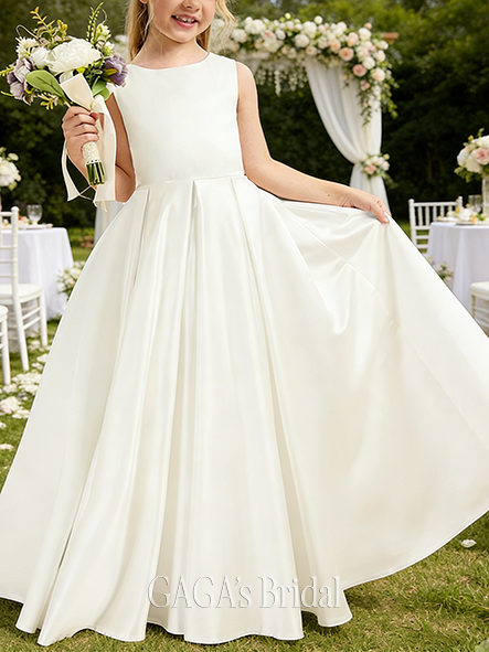 A-line Timeless Scoop Floor-Length Satin Flower Girl Dress With Bow
