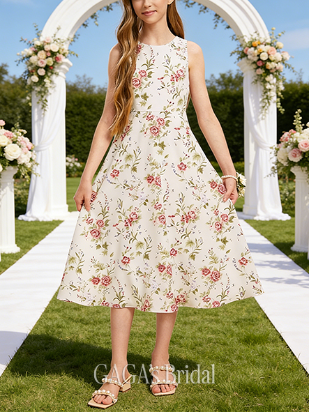A-line Floral Scoop Tea-Length Floral Junior Bridesmaid Dress