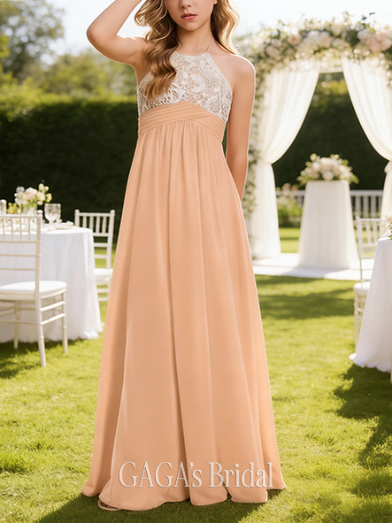 A-line Lacy Halter Floor-Length Lace Matte Satin Junior Bridesmaid Dress