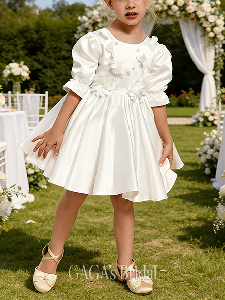 A-line Lovely Scoop Knee-Length Satin Flower Girl Dress With 3D Floral