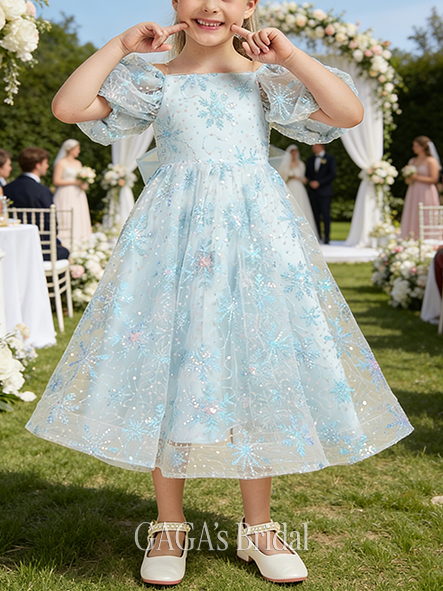 A-line Dazzling Cold Shoulder Tea-Length Lace Sequin Flower Girl Dress With Bow