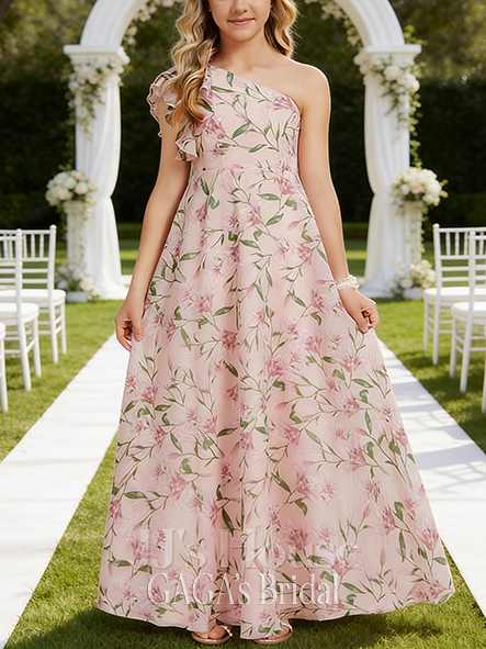 A-line Elegant One Shoulder Floor-Length Chiffon Junior Bridesmaid Dress
