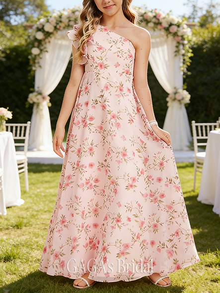 A-line Elegant One Shoulder Floor-Length Chiffon Junior Bridesmaid Dress