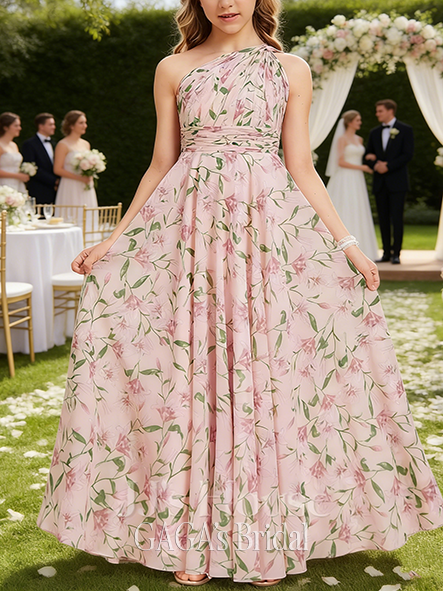A-line Elegant One Shoulder Floor-Length Chiffon Junior Bridesmaid Dress
