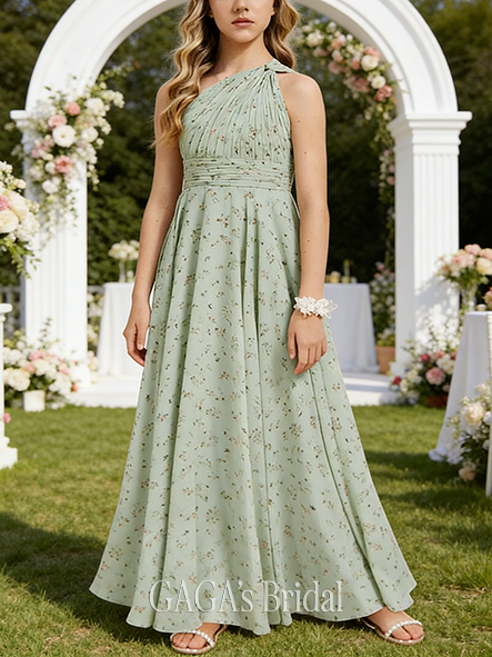 A-line Elegant One Shoulder Floor-Length Chiffon Junior Bridesmaid Dress
