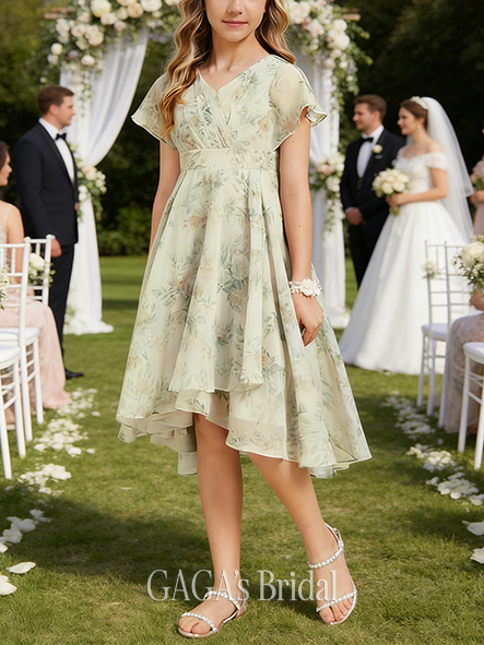 A-line Stylish V-Neck Asymmetrical Chiffon Junior Bridesmaid Dress