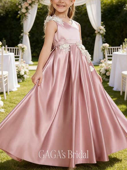A-line Feminine V-Neck Floor-Length Satin Flower Girl Dress With 3D Floral