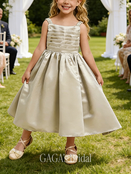 A-line Classic Square Tea-Length Satin Flower Girl Dress