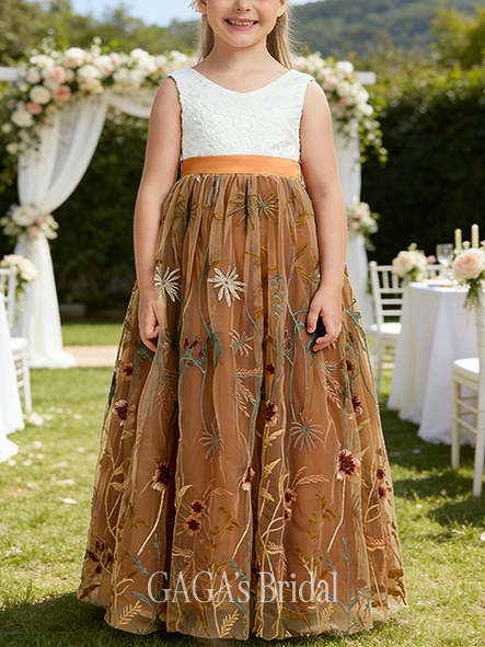 A-line Graceful V-Neck Floor-Length Lace Floral Flower Girl Dress