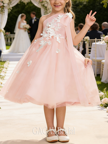 A-line Whimsical One Shoulder Tea-Length Tulle Flower Girl Dress With Bow 3D Floral