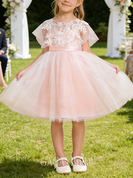 A-line Charming Scoop Knee-Length Tulle Lace Flower Girl Dress With Sash Bow