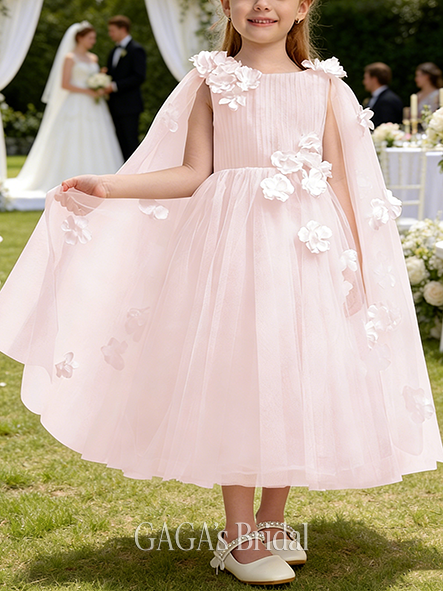 A-line Magical Scoop Tea-Length Tulle Flower Girl Dress With Cape 3D Floral