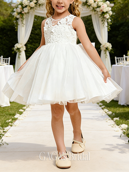 A-line Charming Scoop Knee-Length Tulle Lining 100% Cotton Lace Flower Girl Dress With Bow