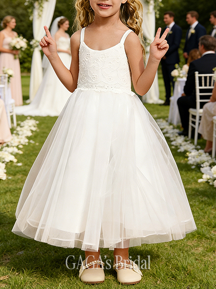 A-line Cozy Scoop Tea-Length Tulle Lining 100% Cotton Flower Girl Dress