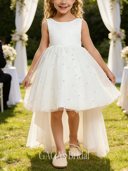 A-line Lavish Scoop Knee-Length Satin Lining 100% Cotton Tulle Flower Girl Dress With Beading Bow