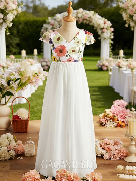 A-line Floral V-Neck Floor-Length Chiffon Lace Floral Flower Girl Dress
