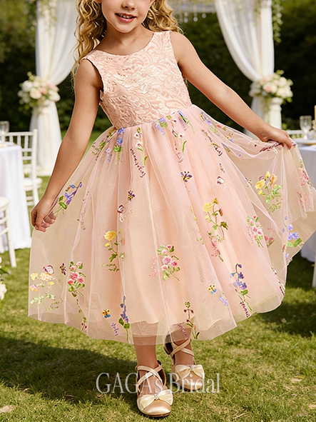 A-line Blossomy Scoop Tea-Length Lace Floral Flower Girl Dress