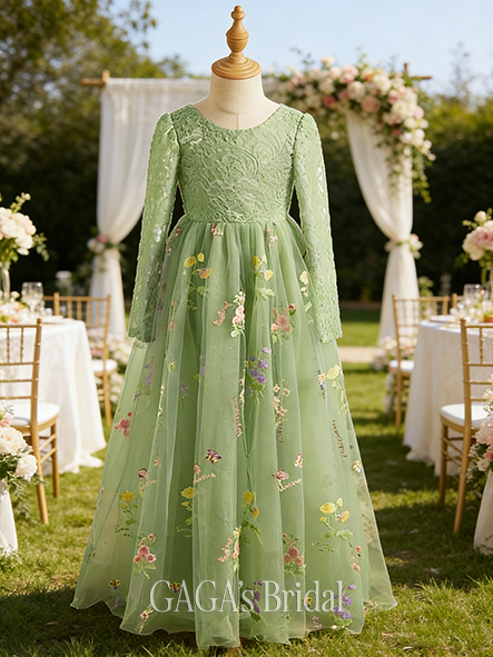 A-line Floral Scoop Floor-Length Lace Floral Flower Girl Dress