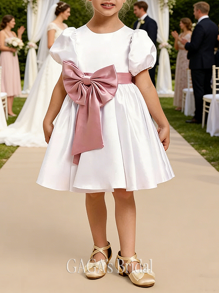 A-line Charming Scoop Knee-Length Satin Flower Girl Dress With Sash Bow