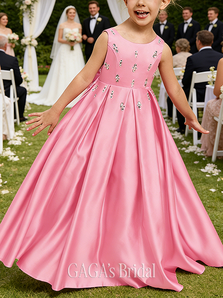 A-line Sparkling Scoop Floor-Length Satin Flower Girl Dress With Bow Rhinestone