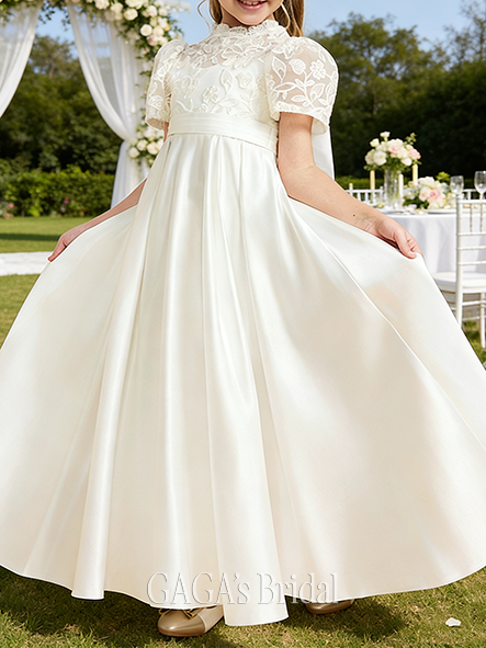 A-line Noble High Neck Floor-Length Satin Lace Flower Girl Dress With Bow