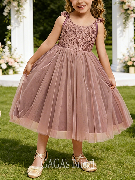 A-line Charming Scoop Tea-Length Tulle Lace Flower Girl Dress With Bow