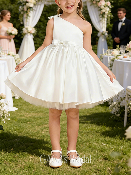 A-line Stylish One Shoulder Knee-Length Satin Flower Girl Dress With Bow