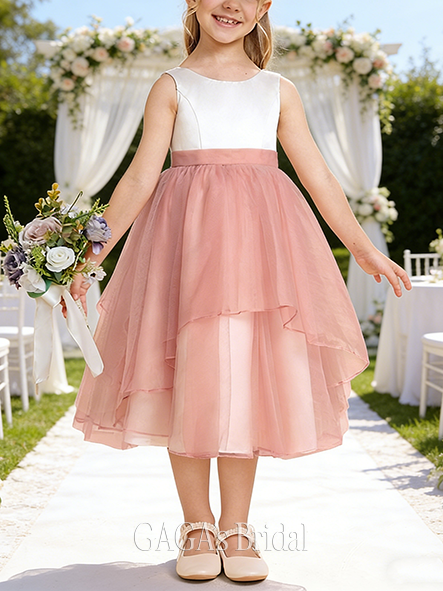 A-line Charming Scoop Tea-Length Satin Organza Flower Girl Dress With Bow