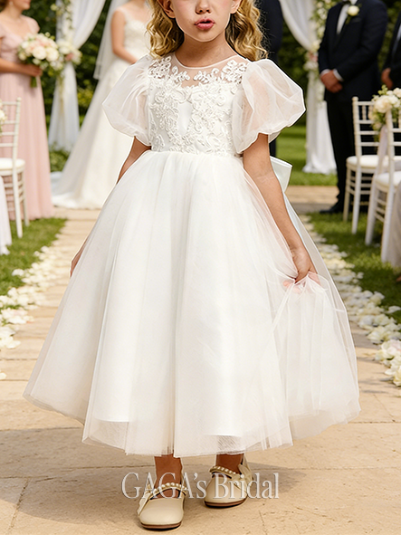 A-line Charming Scoop Tea-Length Tulle Lace Flower Girl Dress With Bow