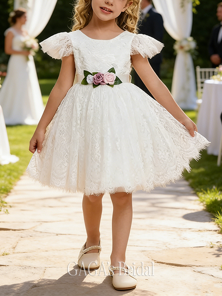 A-line Petite Scoop Knee-Length Lace Flower Girl Dress With Sash 3D Floral