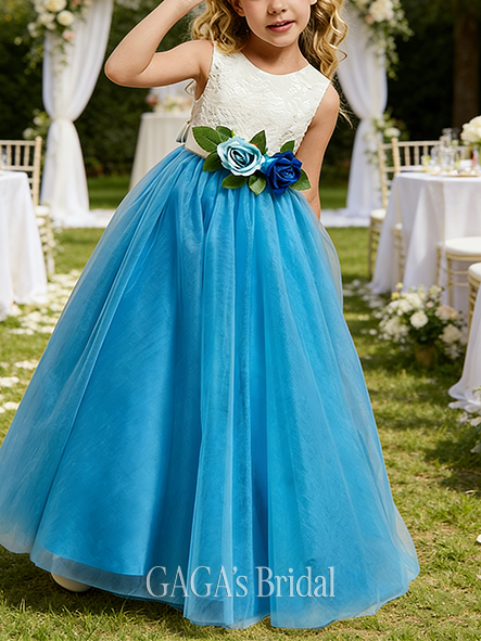 A-line Enchanting Scoop Floor-Length Lace Tulle Flower Girl Dress With Sash 3D Floral