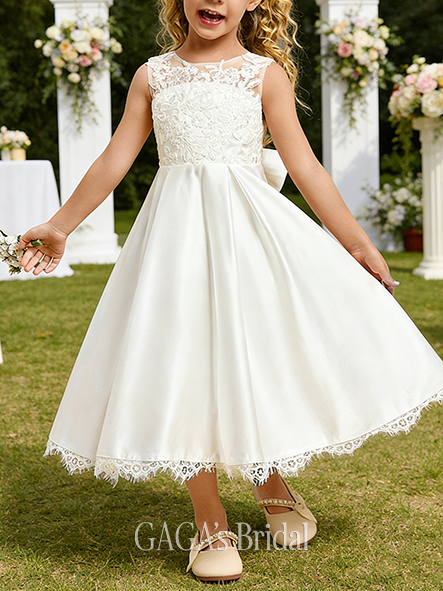 A-line Charming Scoop Tea-Length Satin Lace Flower Girl Dress With Bow