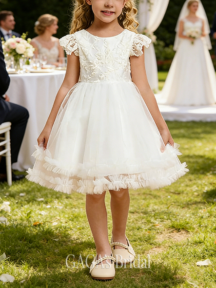 A-line Charming Scoop Knee-Length Tulle Lace Flower Girl Dress With Bow
