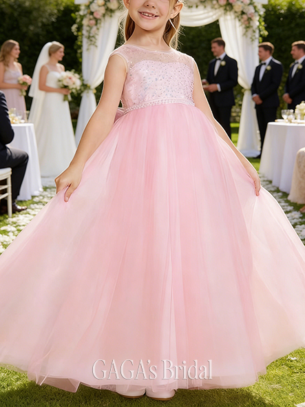 A-line Sparkling Scoop Floor-Length Tulle Sequin Flower Girl Dress With Bow