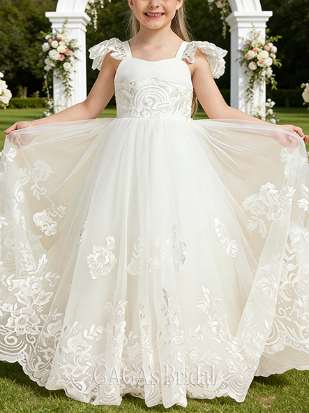 A-line Enchanting Sweetheart Floor-Length Lace Tulle Lining 100% Cotton Flower Girl Dress With Bow