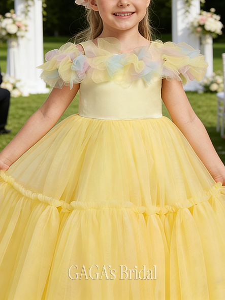 A-line Contemporary Cold Shoulder Floor-Length Satin Tulle Flower Girl Dress