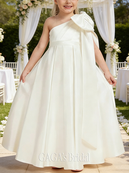 A-line Refined One Shoulder Floor-Length Satin Flower Girl Dress With Bow