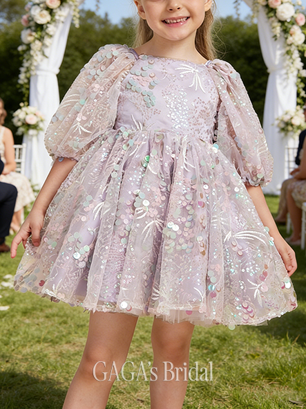 A-line Glimmering Square Knee-Length Lace Sequin Flower Girl Dress With Bow