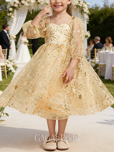 A-line Radiant Sweetheart Tea-Length Lace Flower Girl Dress With Sequins
