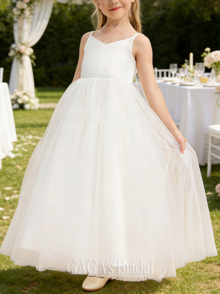 A-line Elegant Cold Shoulder Floor-Length Tulle Satin Flower Girl Dress With Bow