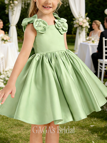 A-line Petite Square Knee-Length Satin Flower Girl Dress With 3D Floral Bow