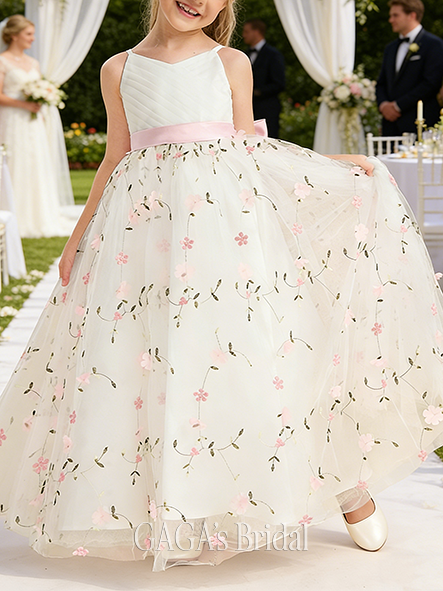 A-line Graceful V-Neck Floor-Length Satin Lace Floral Flower Girl Dress With Bow