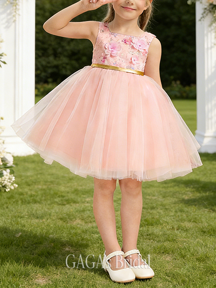 A-line Sparkling Square Knee-Length Lace Tulle Sequin Flower Girl Dress With Bow 3D Floral