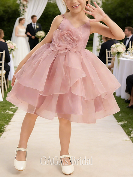 A-line Ethereal V-Neck Knee-Length Organza Flower Girl Dress With 3D Floral